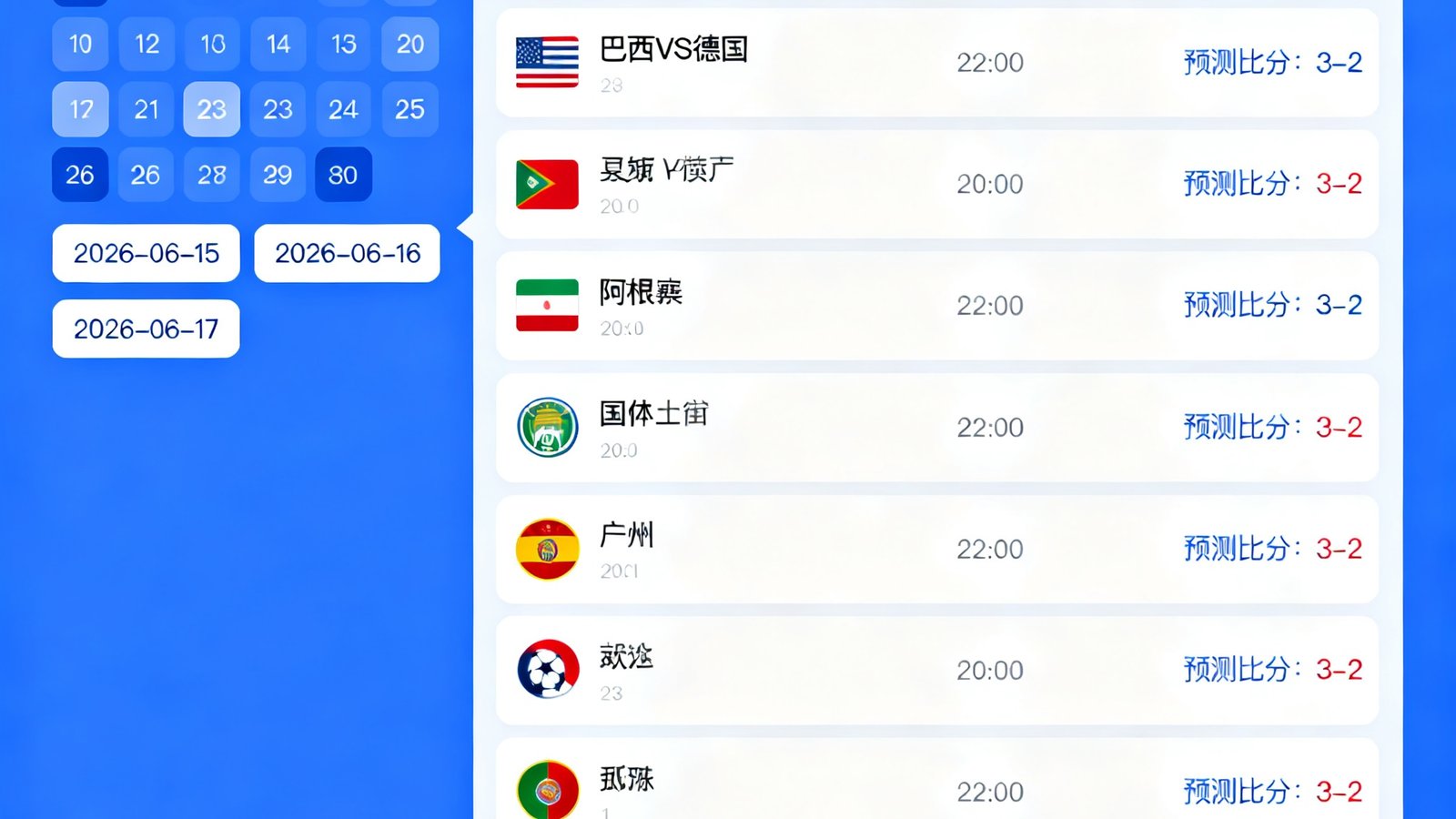 世界杯赛程日历界面，左侧日期选择，右侧展示比赛列表，包含球队、时间和比分预测